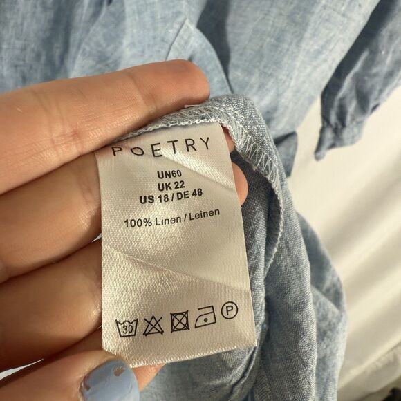 Potery 100% Linen Maxi Dress Womens 18 Blue Front Pockets Long Sleeve Round Neck - Picture 9 of 14